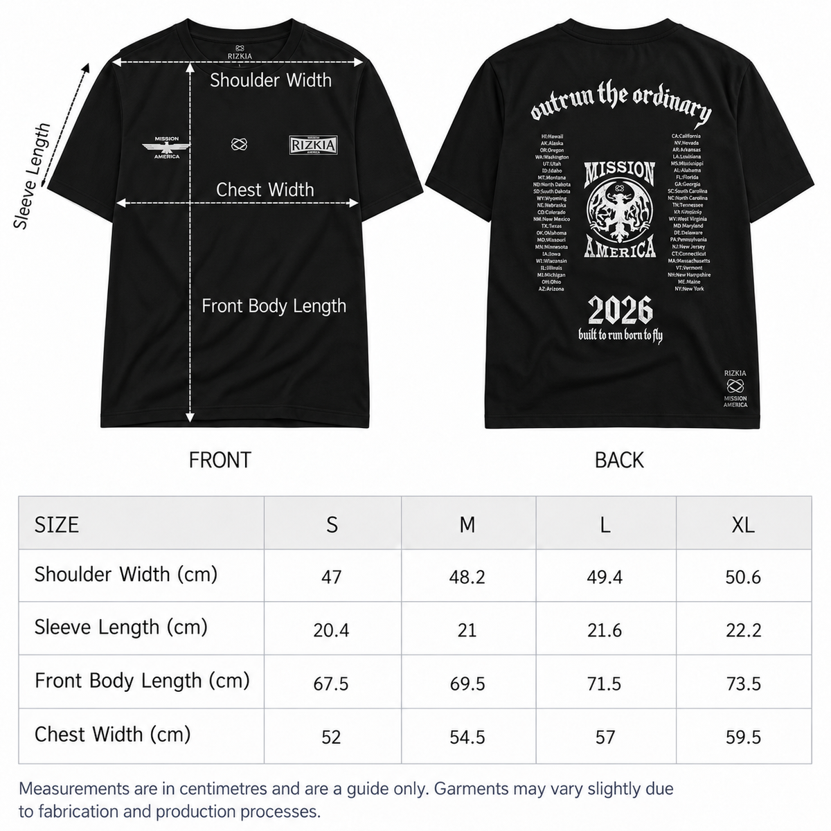 Size guide for Mission America Washed Short Sleeve Tee - Black