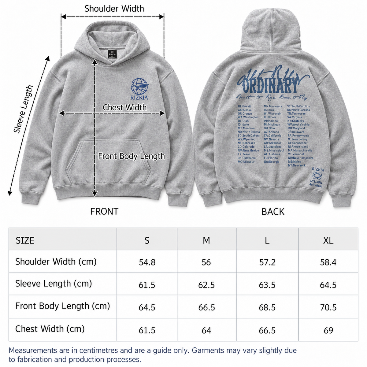 Size guide for Mission America Heavyweight Cotton Hoodie - Heather Grey