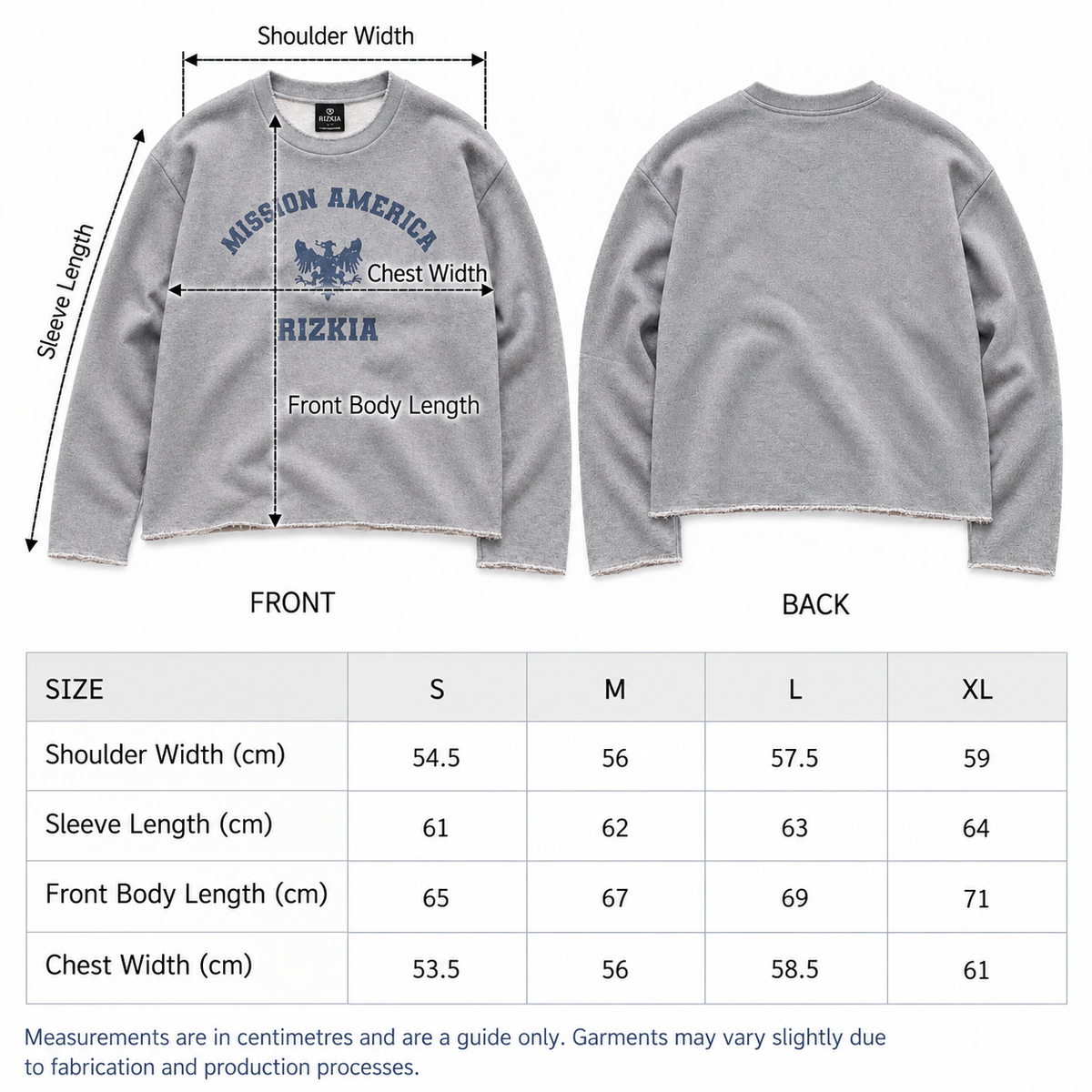 Size guide for Mission America Heavyweight Crew Sweatshirt - Heather Grey