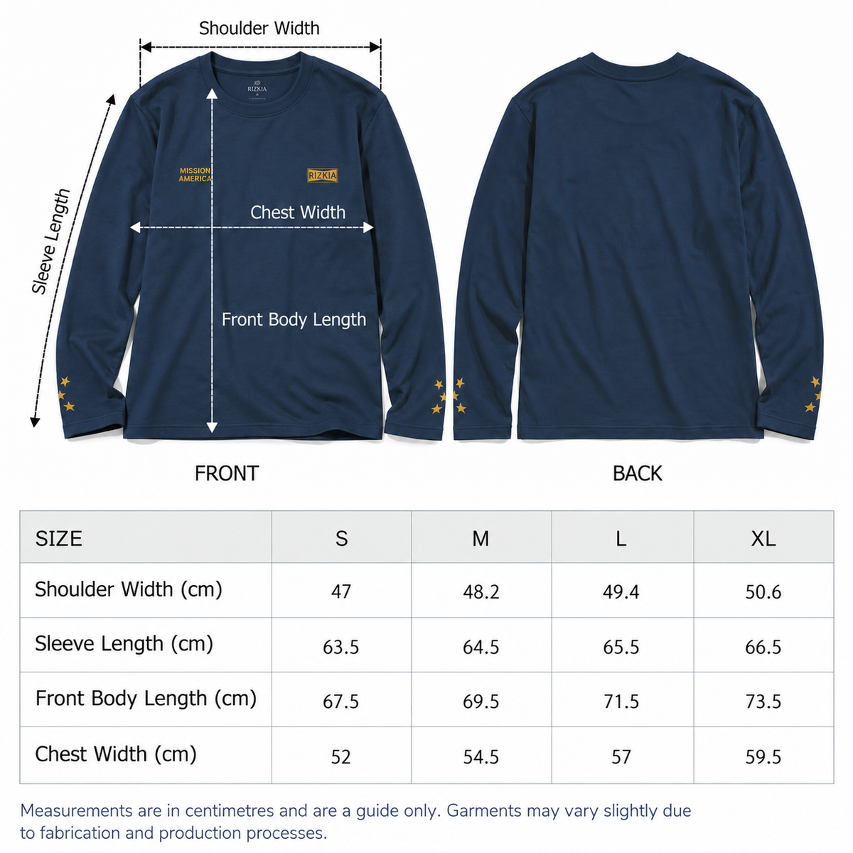 Size guide for Mission America Washed Long Sleeve Tee - Black