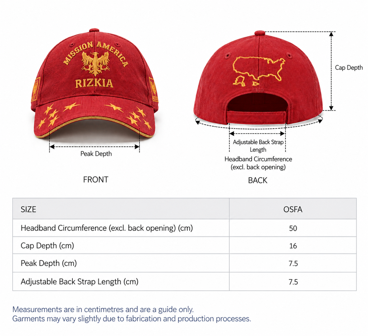 Size guide for Mission America Porter Cap - Red